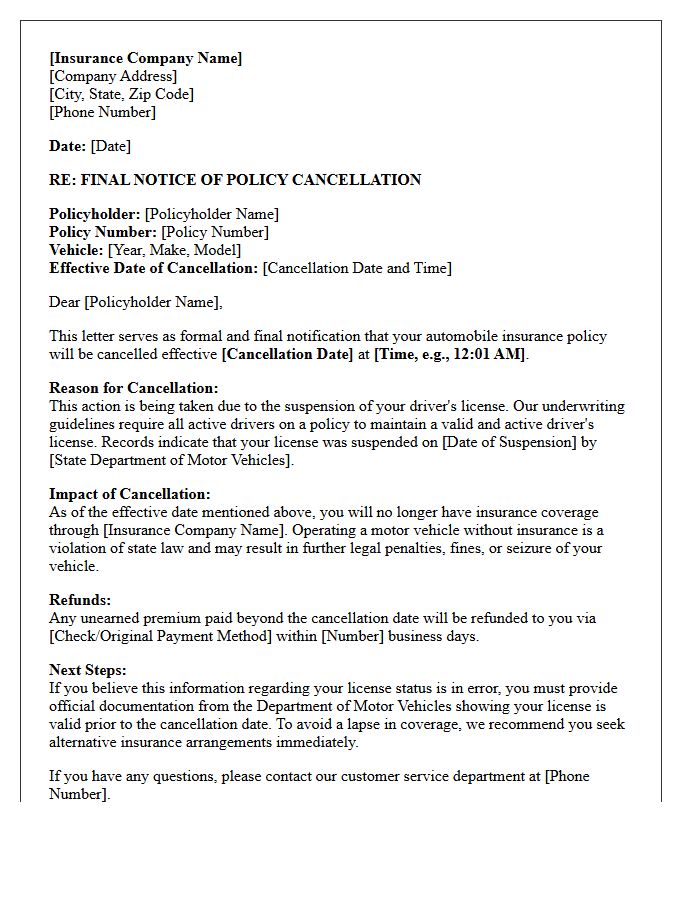 Final Notice Letter Of Auto Policy Cancellation Due To Suspended License