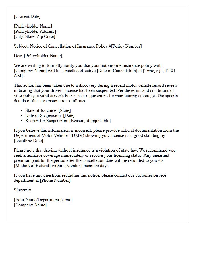 Policy Cancellation Letter Following Drivers License Suspension Discovery