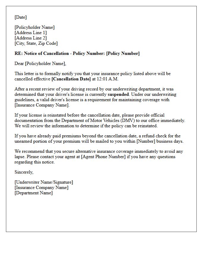 Insurance Underwriting Cancellation Letter For Suspended Drivers License