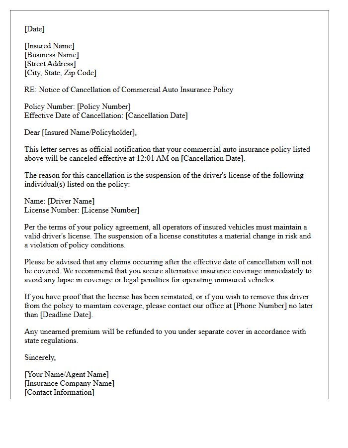 Commercial Auto Policy Cancellation Letter Due To Suspended License