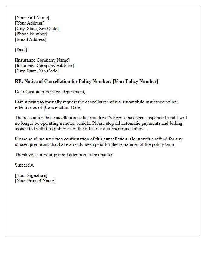 Insured Driver Policy Cancellation Letter Regarding Suspended License