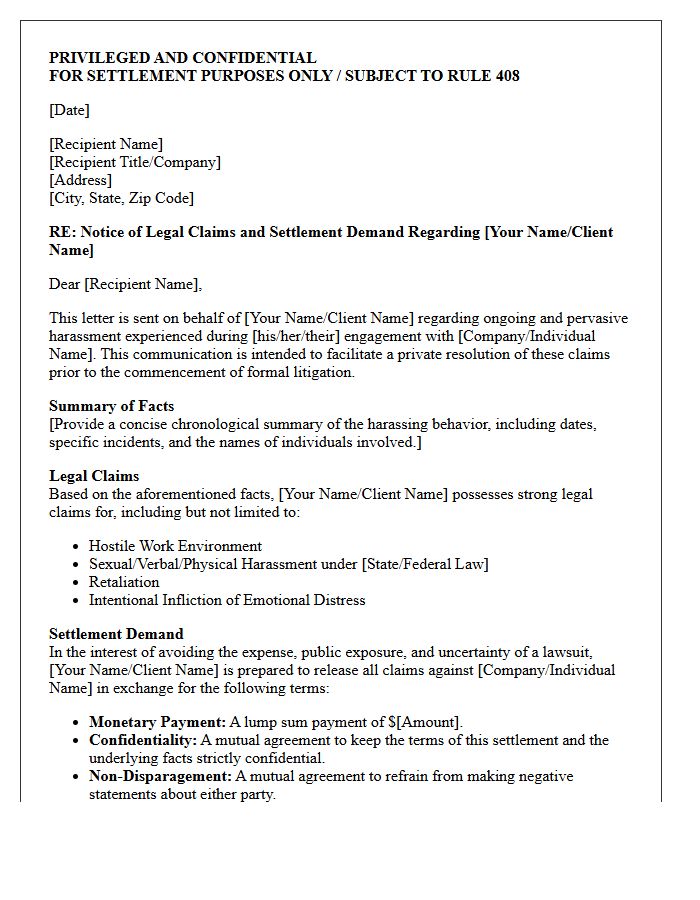 Confidential Pre-Litigation Harassment Settlement Letter