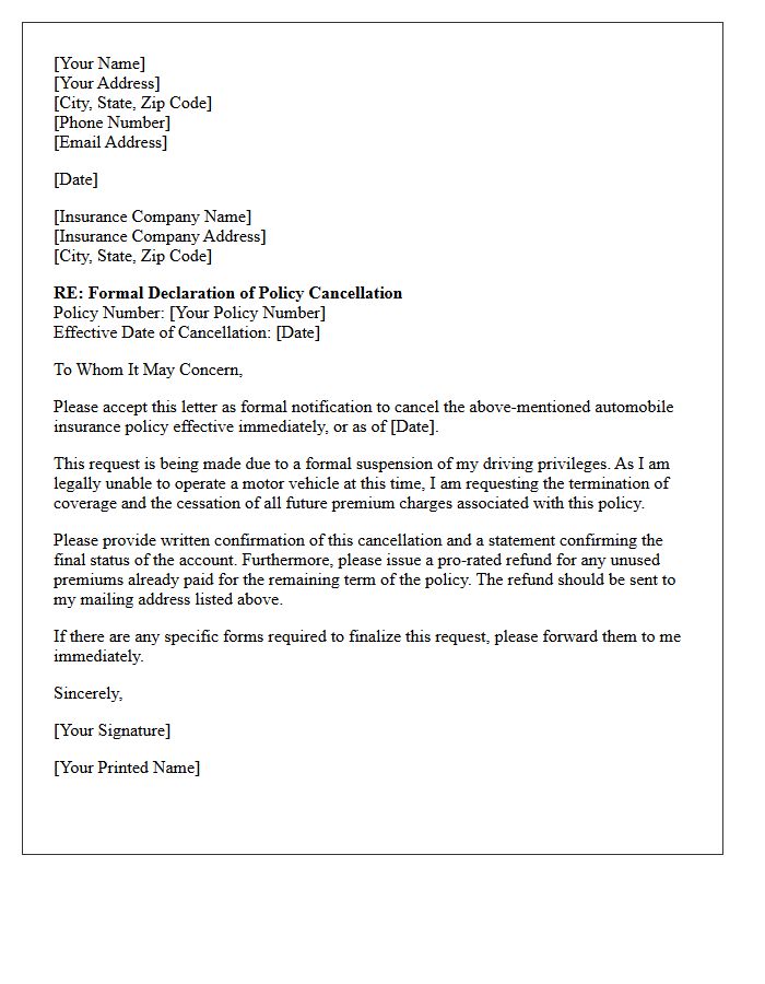 Formal Declaration Letter Of Policy Cancellation For Suspended Driving Privileges