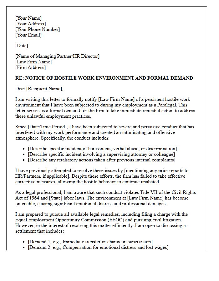 Paralegal Hostile Work Environment Demand Letter