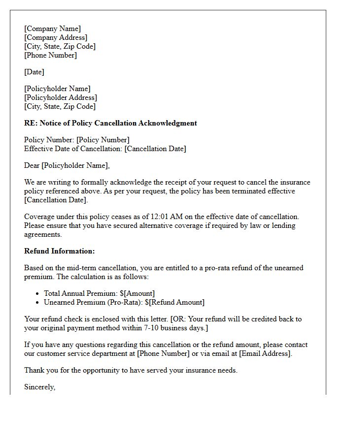 Mid-Term Policy Cancellation Request Acknowledgment Letter with Pro-Rata Refund Notice