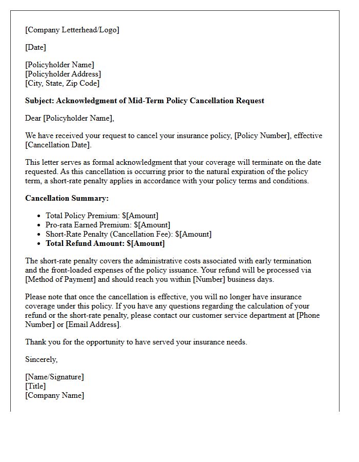 Mid-Term Policy Cancellation Request Acknowledgment Letter with Short-Rate Penalty Details