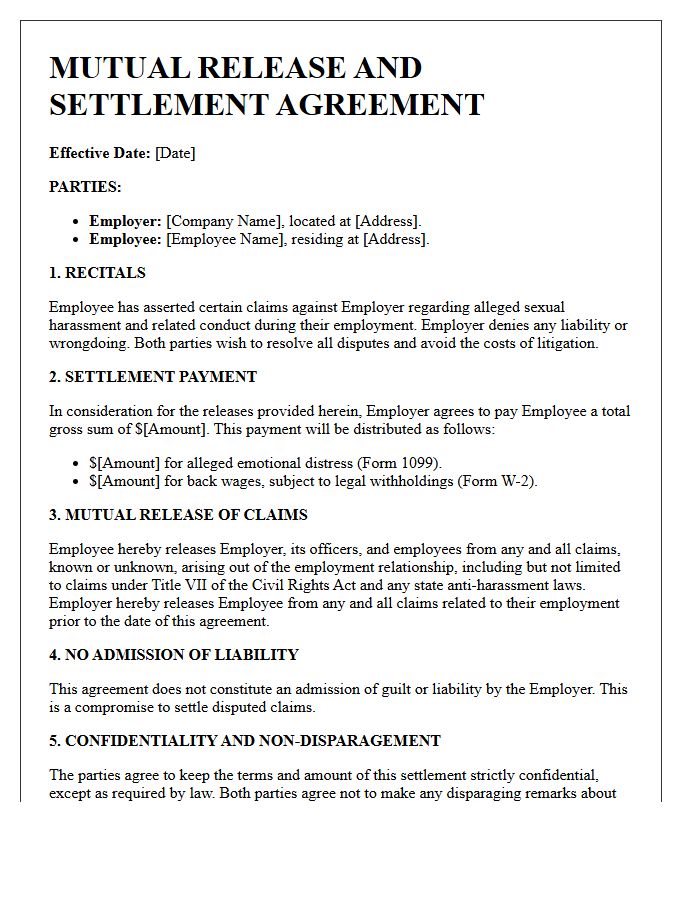 Mutual Release and Sexual Harassment Settlement Letter
