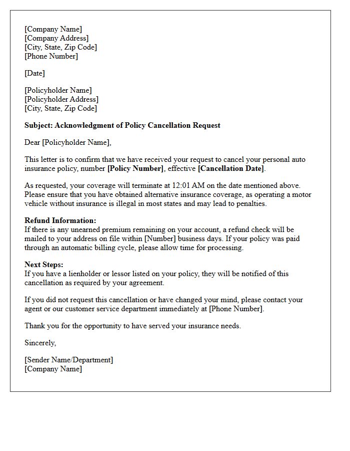 Personal Auto Mid-Term Policy Cancellation Request Acknowledgment Letter