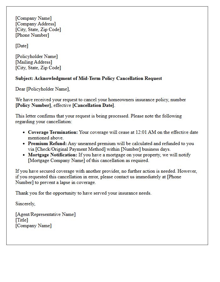 Homeowners Mid-Term Policy Cancellation Request Acknowledgment Letter