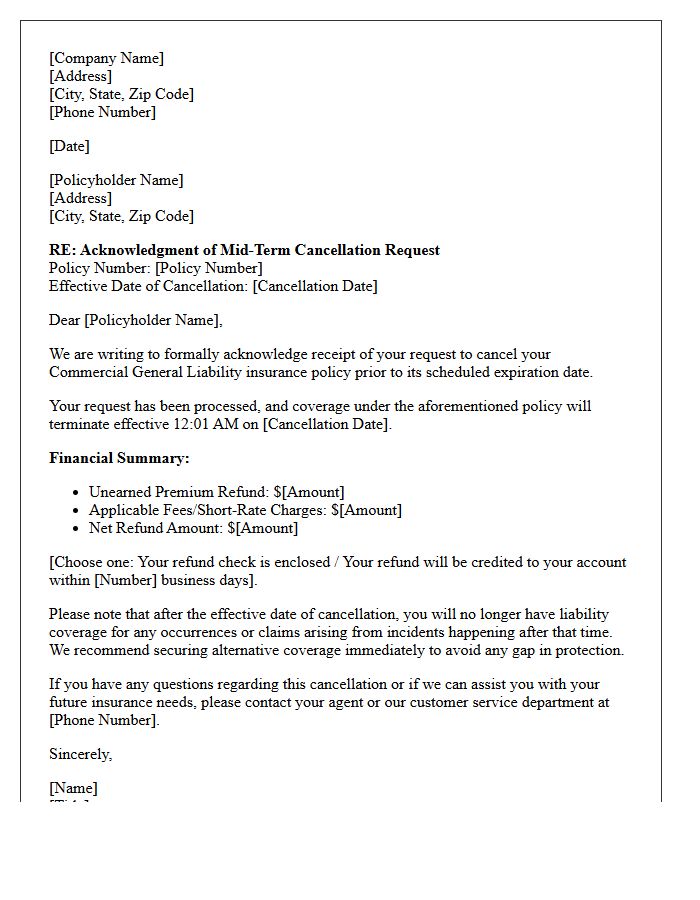 Commercial Liability Mid-Term Policy Cancellation Request Acknowledgment Letter