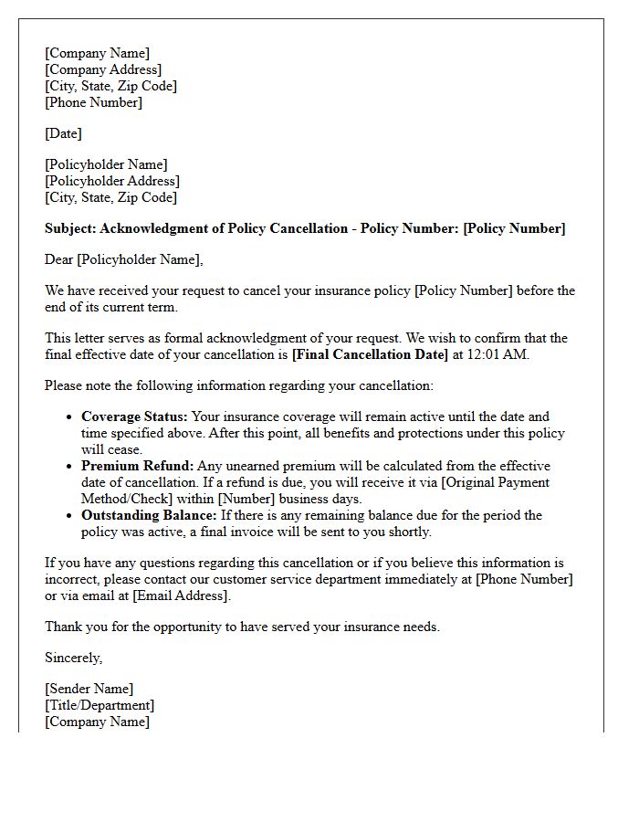 Mid-Term Policy Cancellation Request Acknowledgment Letter Confirming Final Effective Date