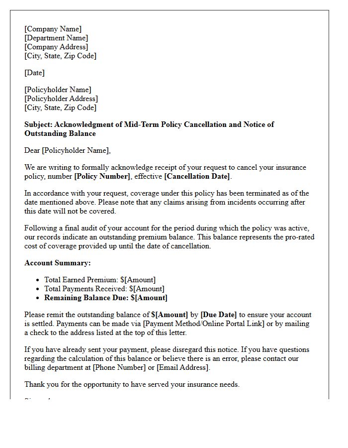 Mid-Term Policy Cancellation Request Acknowledgment Letter with Outstanding Premium Balance Notice