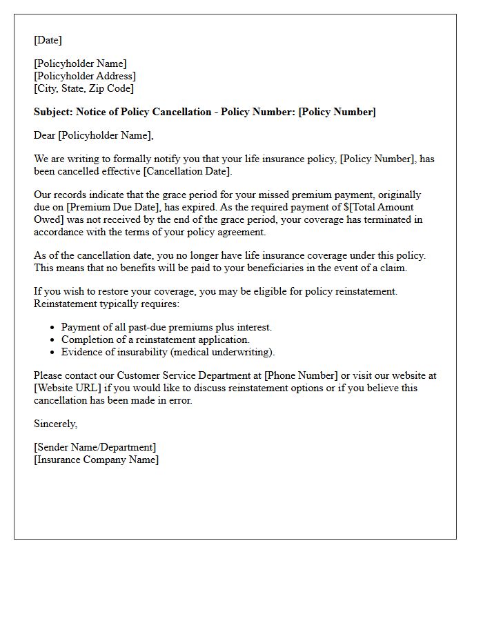 Life Insurance Grace Period Expiration Cancellation Letter
