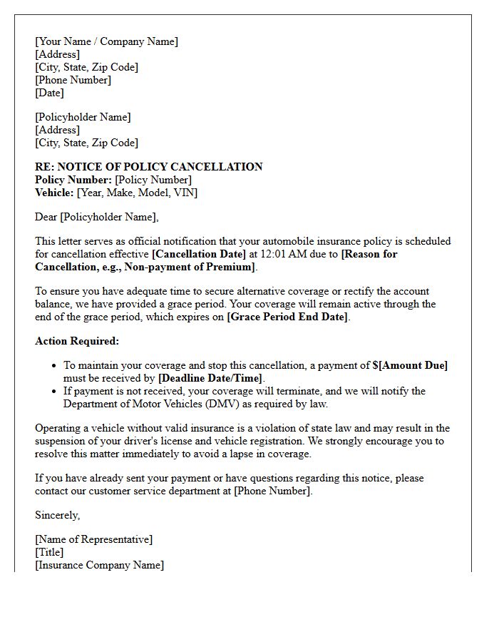 Auto Insurance Official Cancellation and Grace Period Letter