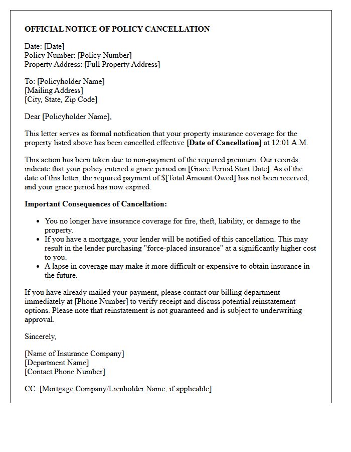 Property Insurance Grace Period Expiration Official Cancellation Letter