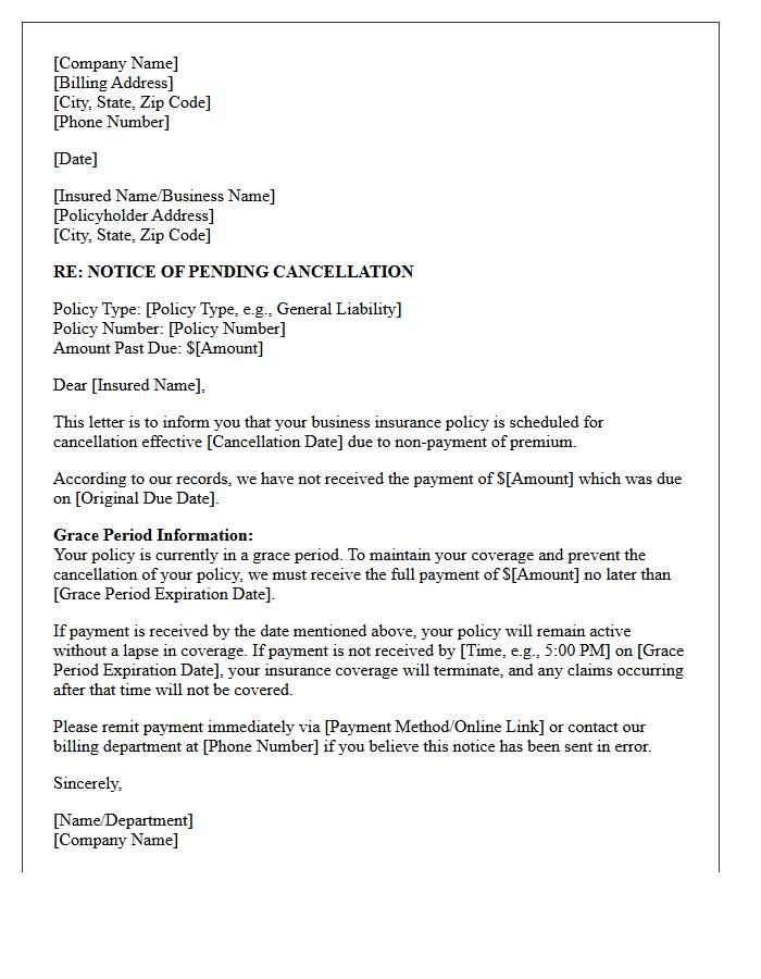Business Insurance Policy Cancellation and Grace Period Letter