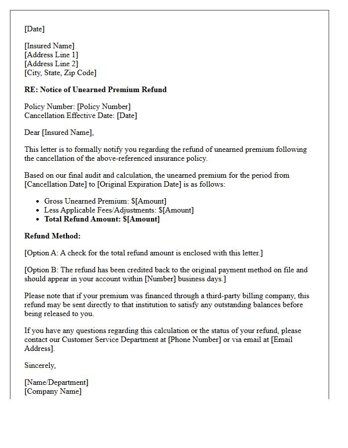 Standard Post-Cancellation Unearned Premium Refund Notice Letter