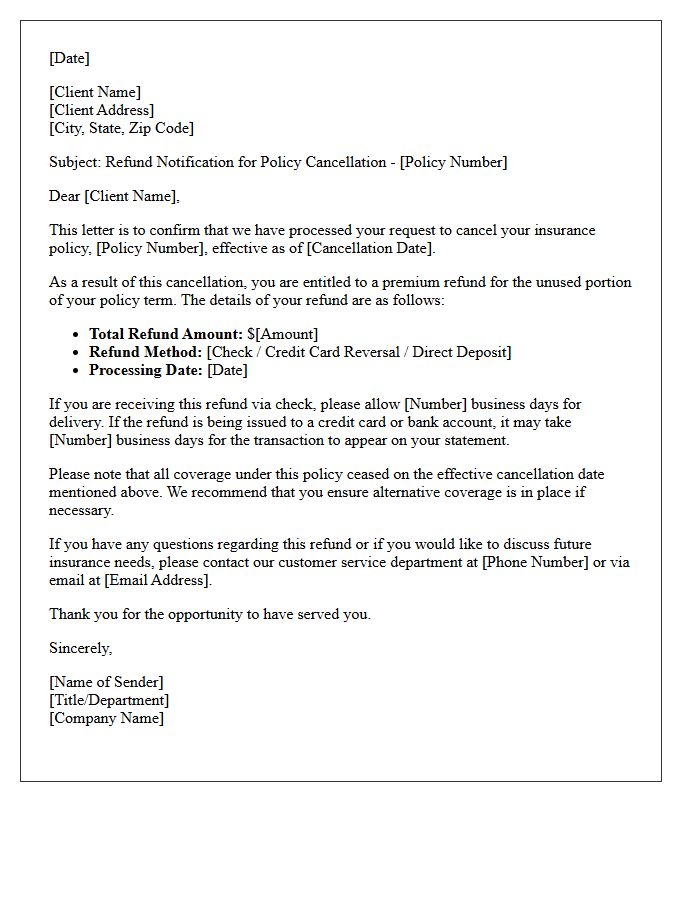 Client-Initiated Policy Cancellation Refund Notification Letter