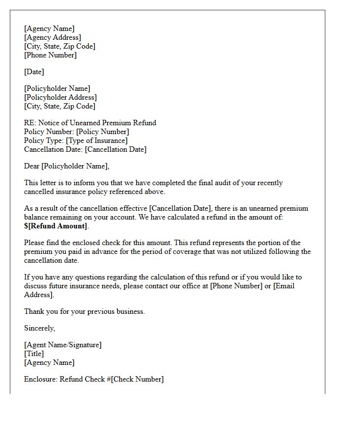 Agency-Initiated Post-Cancellation Unearned Premium Letter