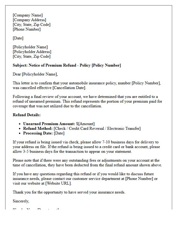 Auto Insurance Post-Cancellation Premium Refund Notice Letter