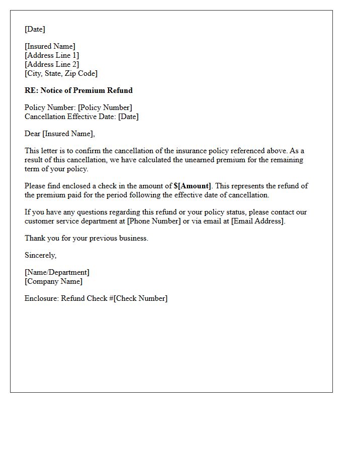 Unearned Premium Refund Check Enclosure Cancellation Letter
