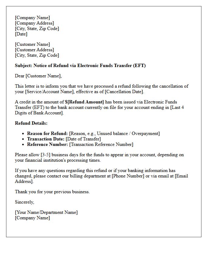 Electronic Funds Transfer Post-Cancellation Refund Notice Letter