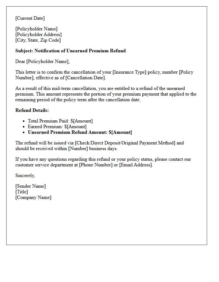 Mid-Term Policy Cancellation Unearned Premium Refund Letter
