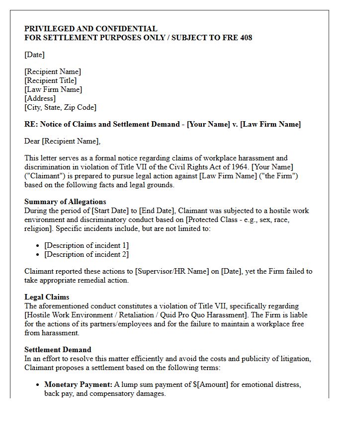 Title VII Law Firm Harassment Settlement Letter