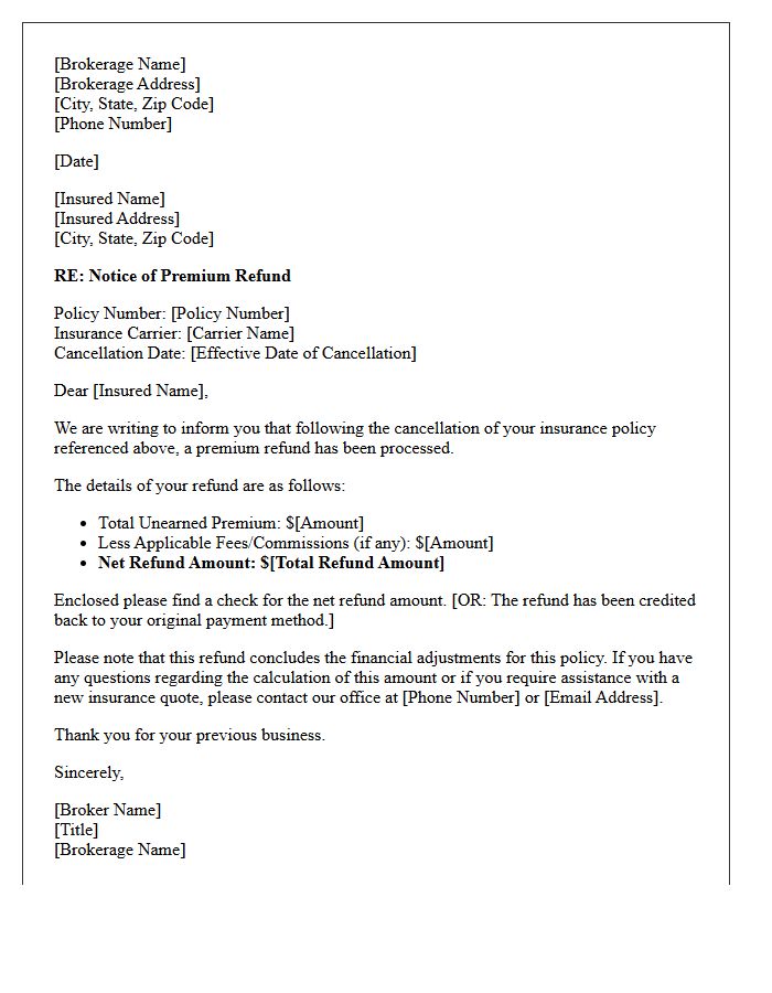 Broker Notice Of Post-Cancellation Premium Refund Letter