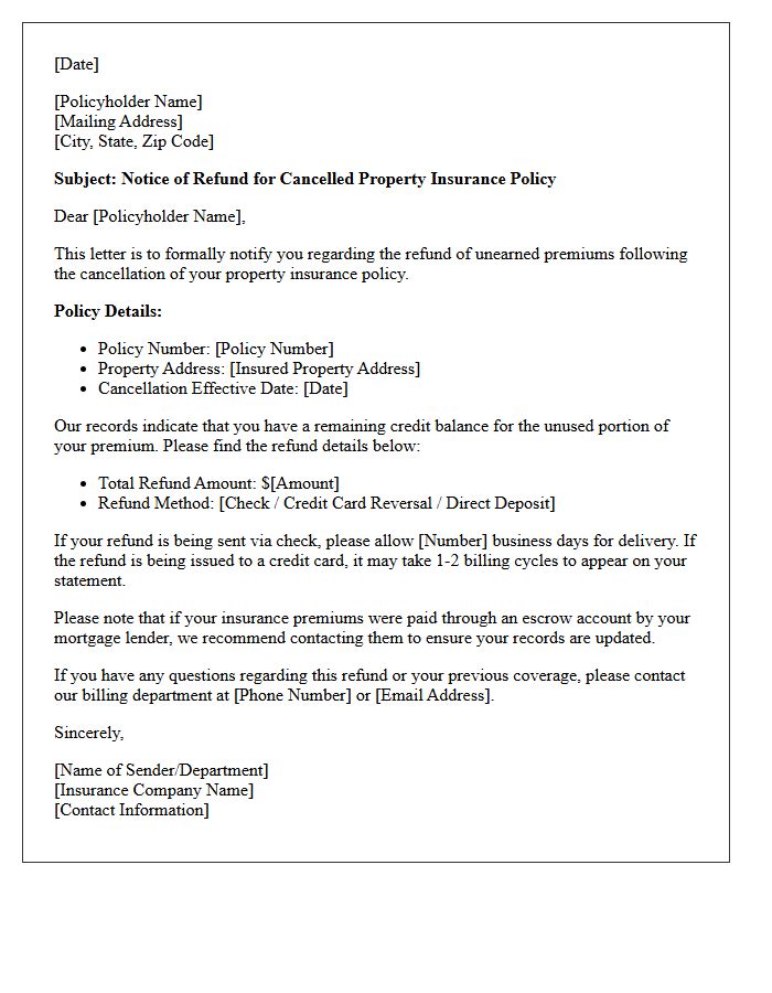 Property Insurance Post-Cancellation Refund Notice Letter