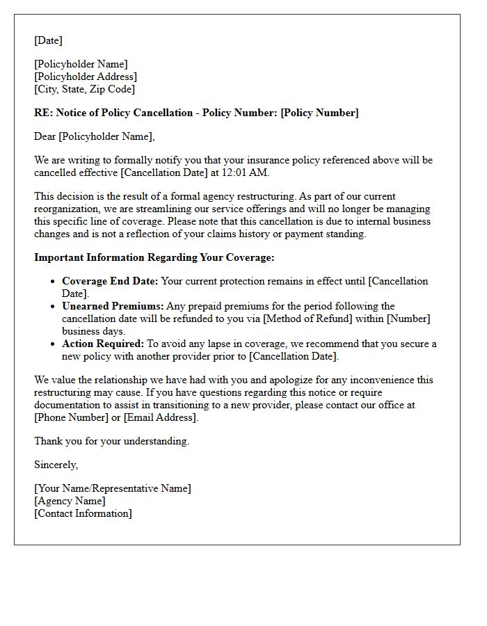 Notice Of Policy Cancellation Due To Agency Restructuring Letter