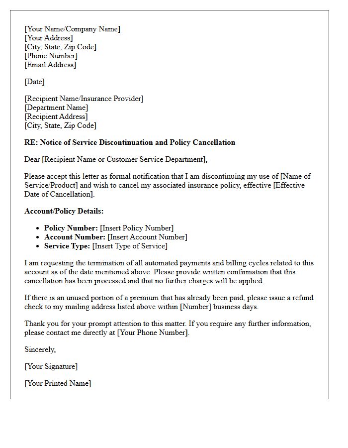 Service Discontinuation And Insurance Cancellation Notice Letter