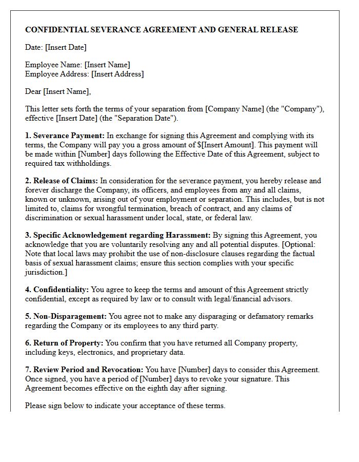 Severance and Sexual Harassment Agreement Letter