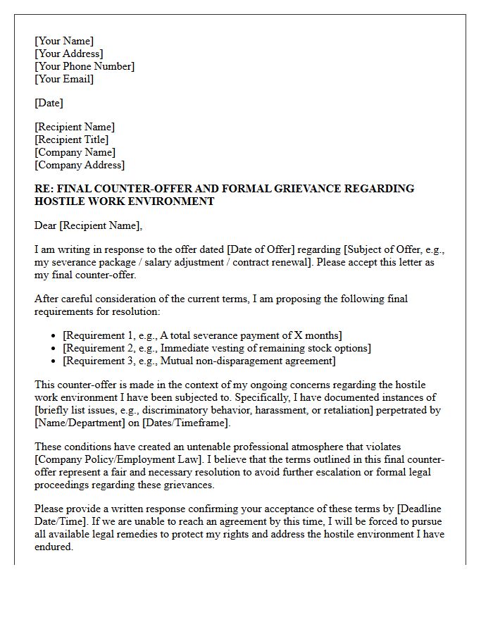 Final Counter-Offer and Hostile Environment Letter