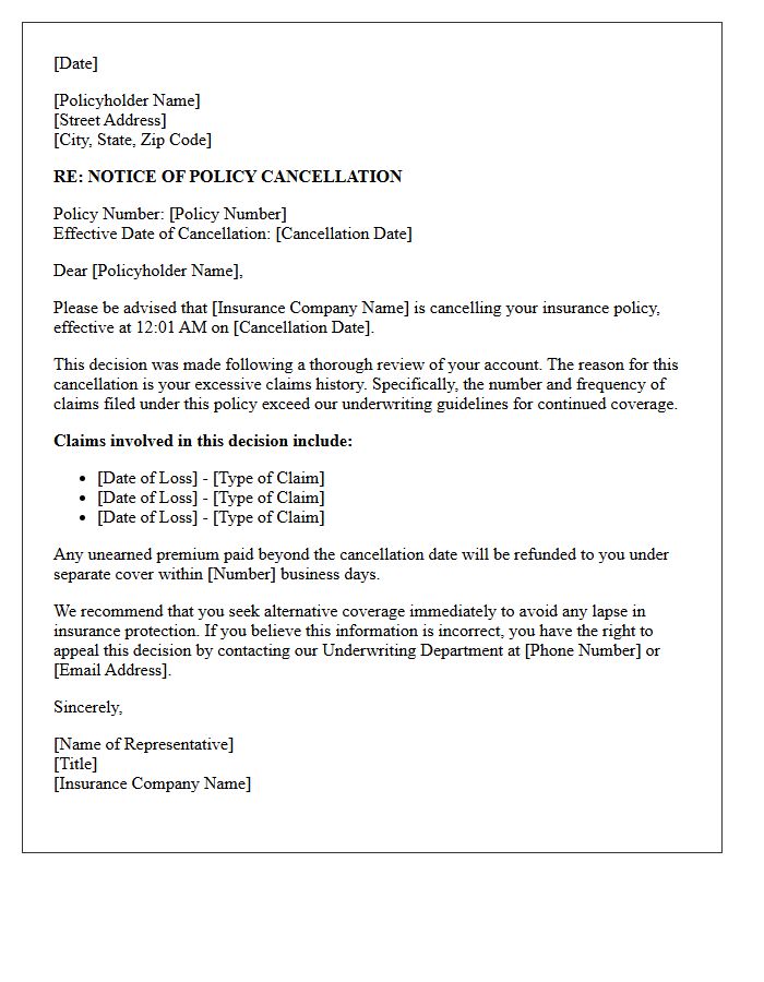 Notice of Cancellation Due to Excessive Claims History Letter