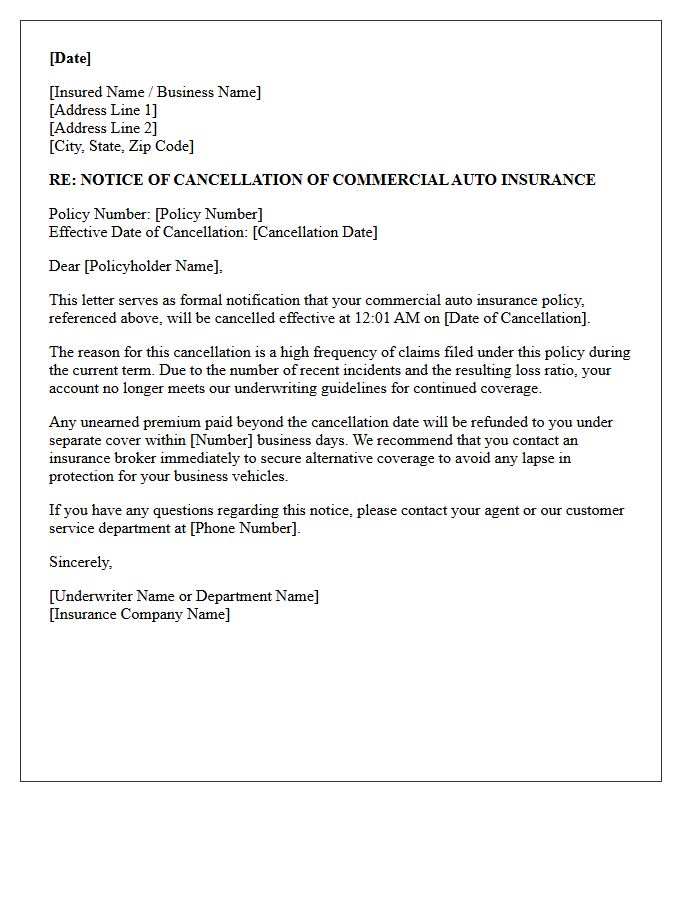 Commercial Auto Insurance Policy Cancellation Letter for Excessive Claims