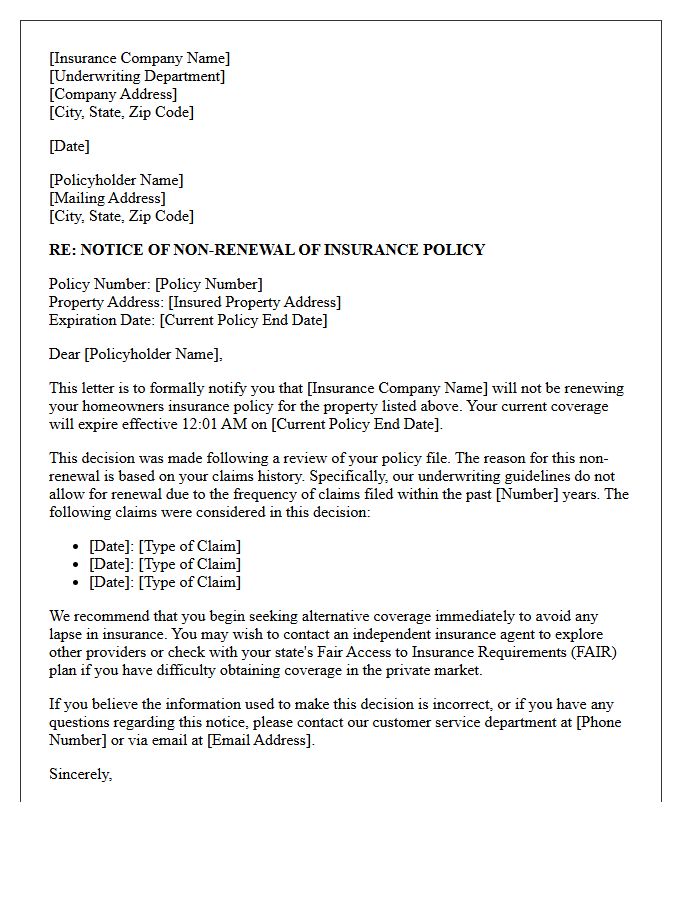 Homeowners Property Insurance Termination Letter Due to High Claims Frequency