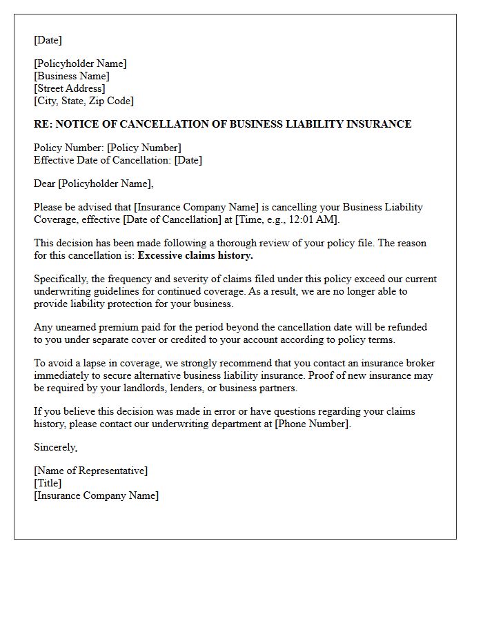 Business Liability Coverage Cancellation Letter for Excessive Claims History