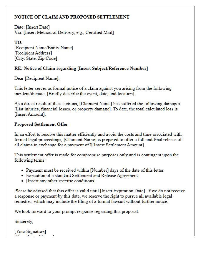Notice of Claim and Proposed Settlement Letter
