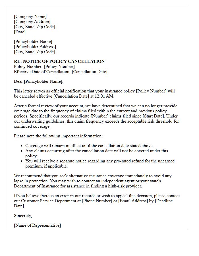 Official Notice of Policy Cancellation Letter for Frequent Claims