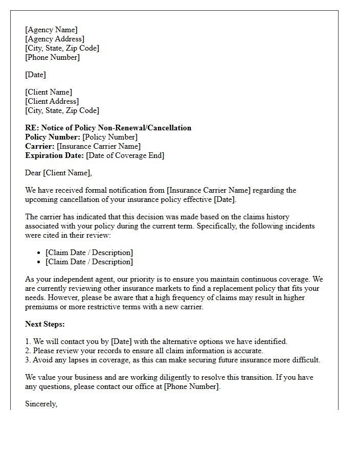 Insurance Agency Client Notification Letter Regarding Claims Driven Cancellation