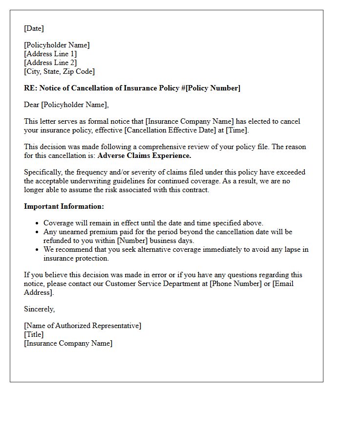 Notice of Insurance Contract Cancellation Letter Due to Adverse Claims Experience