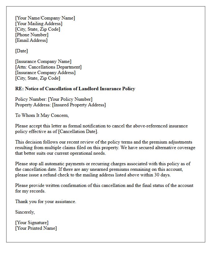 Landlord Property Insurance Cancellation Letter Due to Multiple Claims