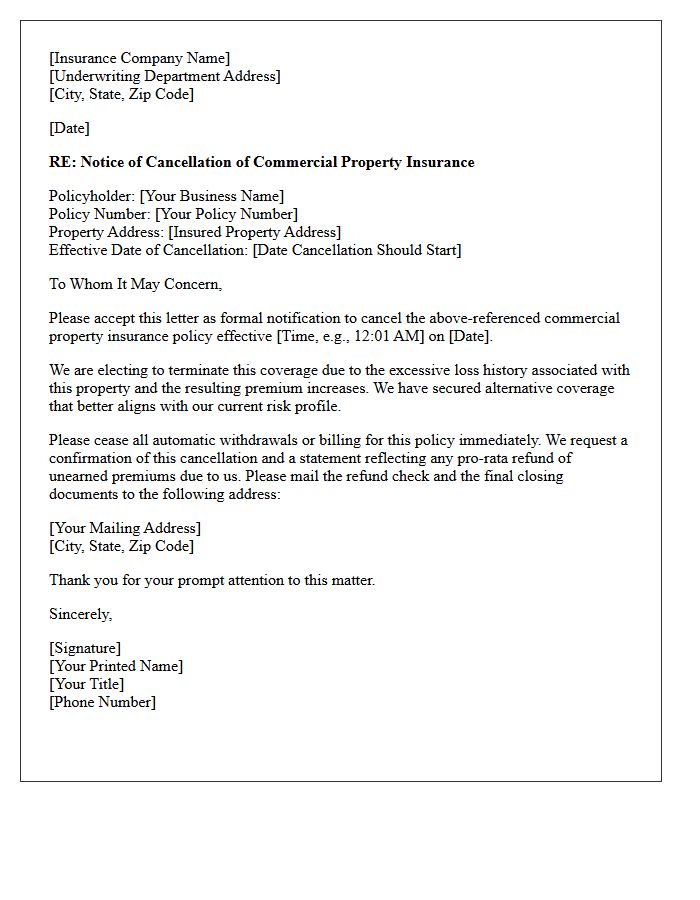 Commercial Property Insurance Cancellation Letter for Excessive Loss History