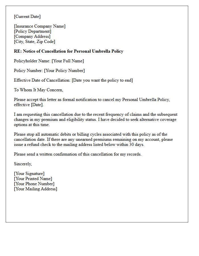 Personal Umbrella Policy Cancellation Letter Based on Claims Frequency