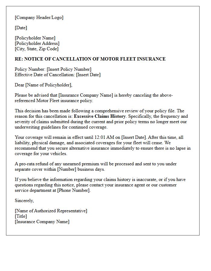 Motor Fleet Coverage Cancellation Letter for Excessive Claims History