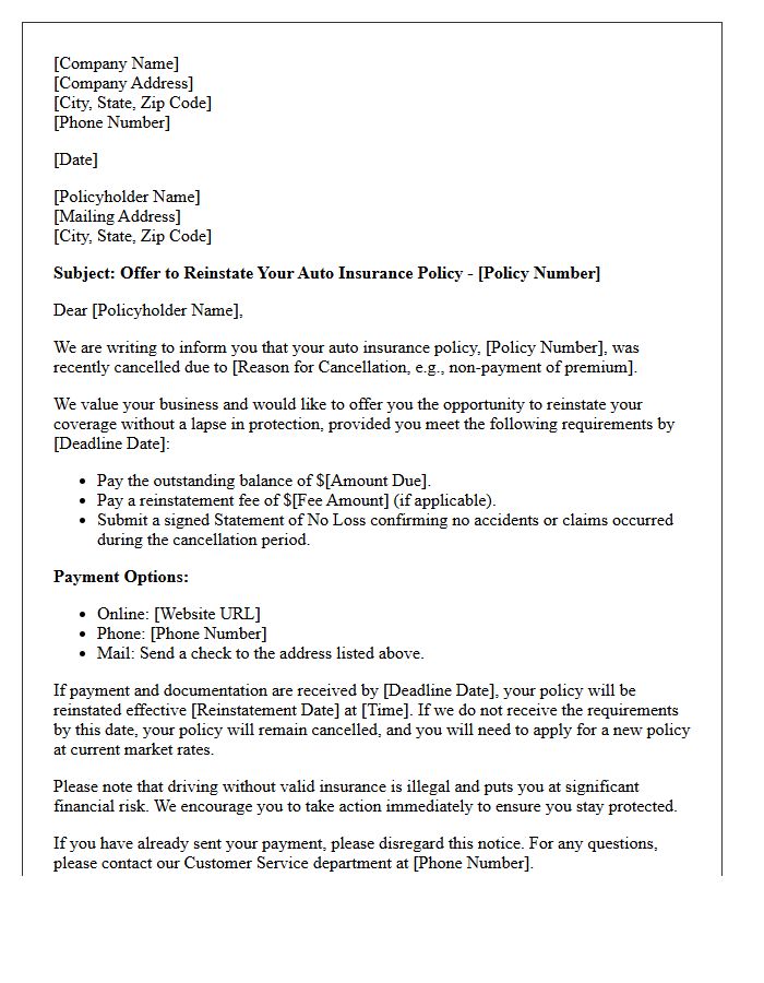 Auto Insurance Policy Reinstatement Offer Letter