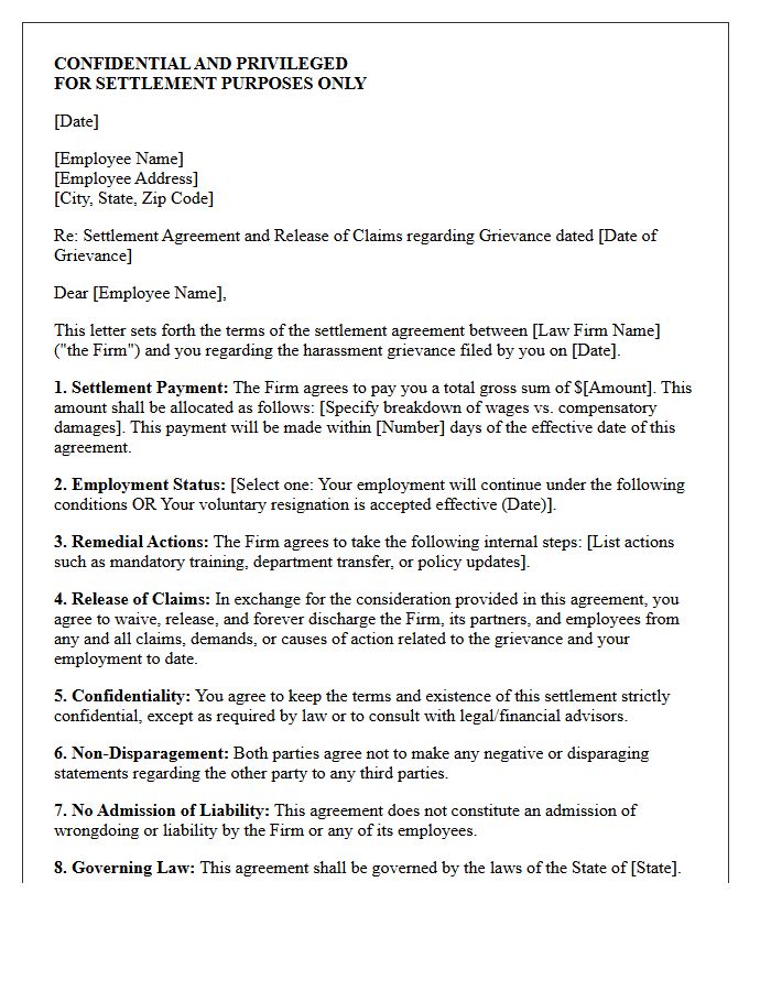Law Firm Employee Harassment Grievance Settlement Letter