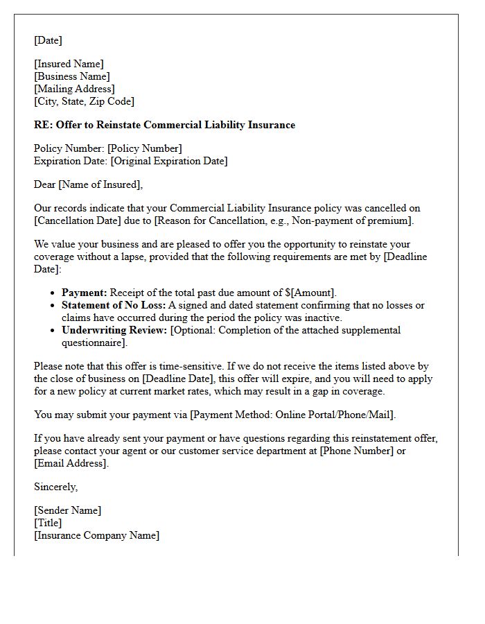 Commercial Liability Policy Reinstatement Offer Letter