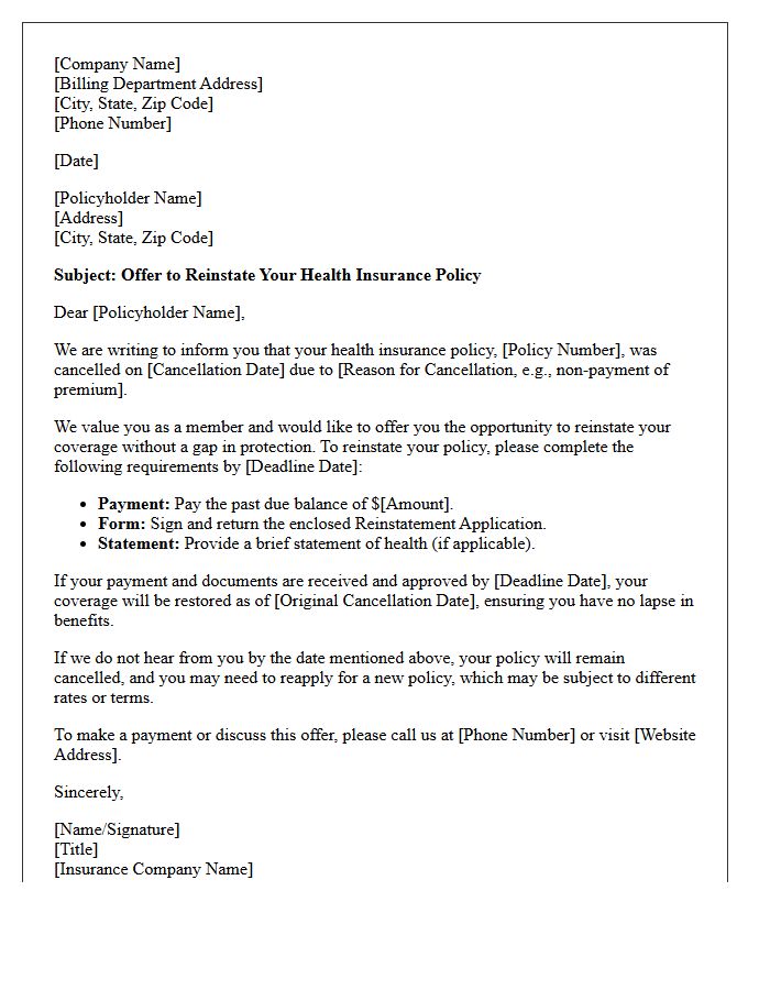 Health Insurance Cancellation Reinstatement Offer Letter